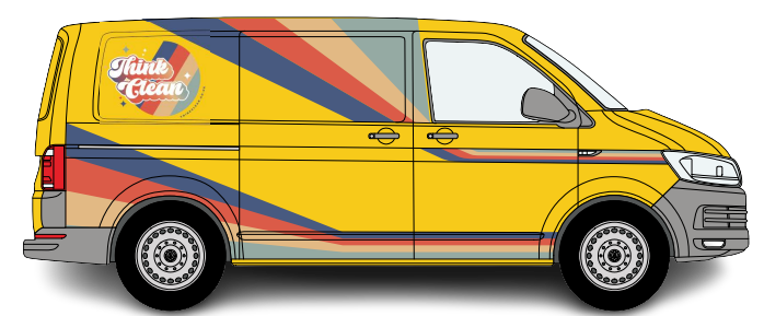 Bright yellow delivery van decorated with colorful stripes and "fruit & gears" logo on the side.