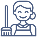 Simple, stylized cleaner or housekeeper icon with a happy figure and a broom.