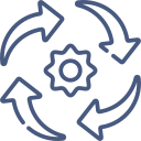 Circular flow of arrows around a gear icon, representing process, cycle, system, or workflow automation.